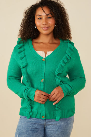 HY8758 Green Womens Ruffle Detail Buttoned Sweater Cardigan Front